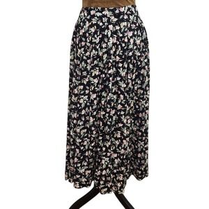 Maggie Lawrence Vintage Floral Midi Skirt Black Pink Rayon Made in USA S‎ 90s